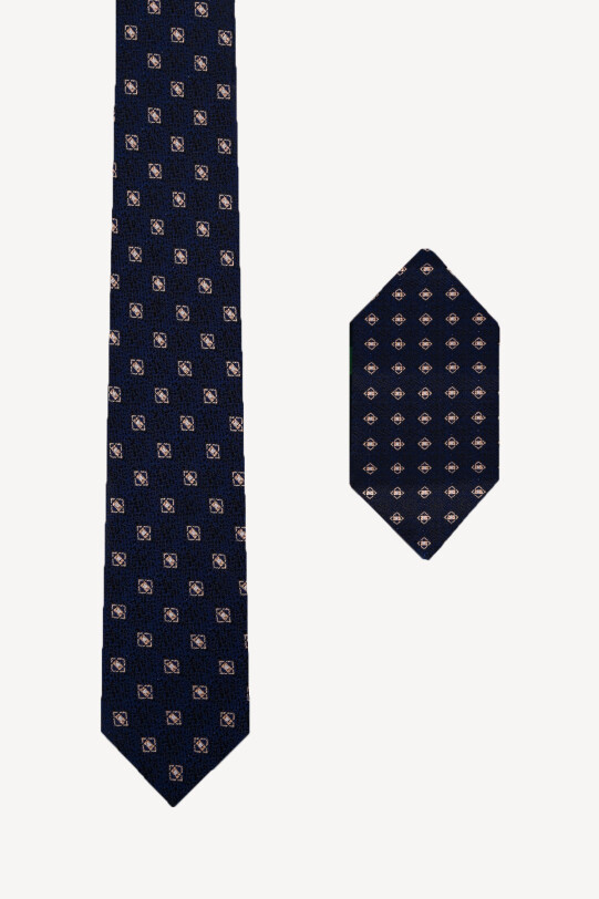 Erkek Lacivert Desenli Kravat Mendil Set - YSF