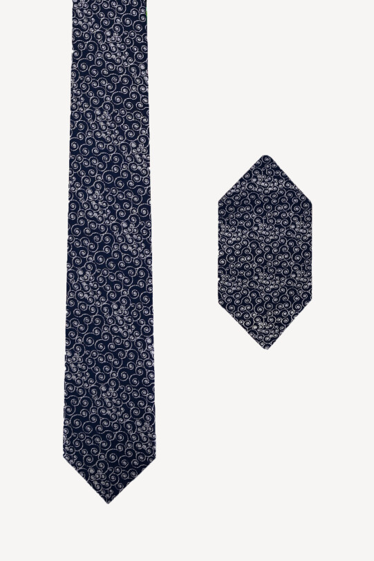 Erkek Lacivert Desenli Slim Kravat Mendil Set - YSF