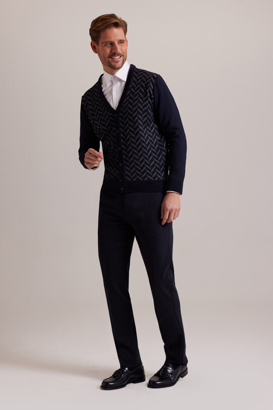 Erkek Lacivert Desenli Triko Hırka