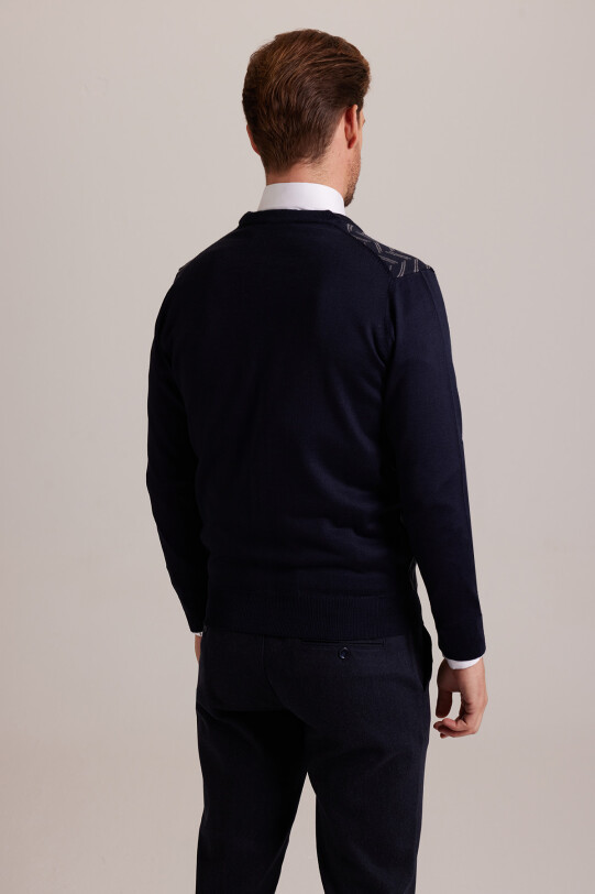 Erkek Lacivert Desenli Triko Hırka