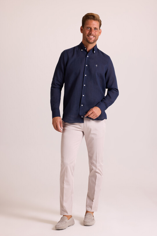 Erkek Lacivert Düz Regular Fit Keten Gömlek