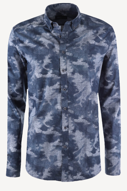 Erkek Lacivert Gri Desenli Yarım İtalyan Slim Fit Gömlek