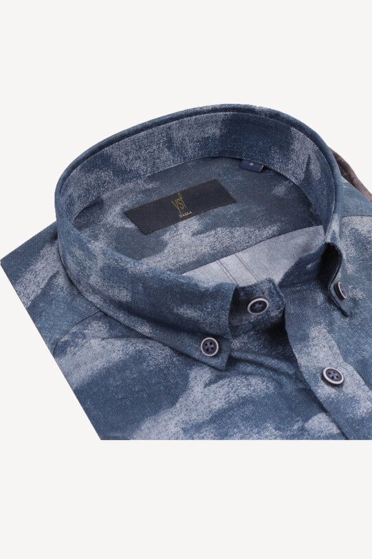 Erkek Lacivert Gri Desenli Yarım İtalyan Slim Fit Gömlek