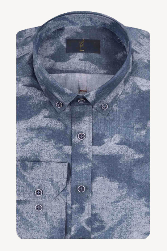 Erkek Lacivert Gri Desenli Yarım İtalyan Slim Fit Gömlek