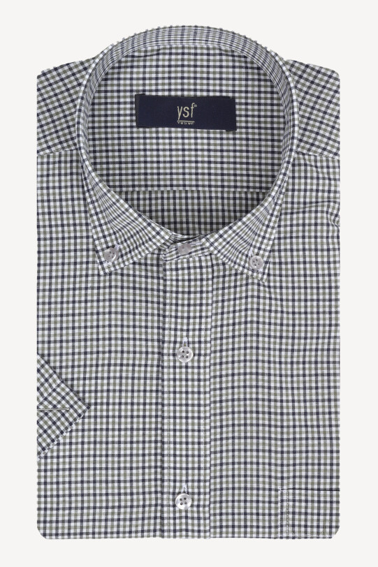 Erkek Lacivert Gri Kareli Klasik Keten Gömlek