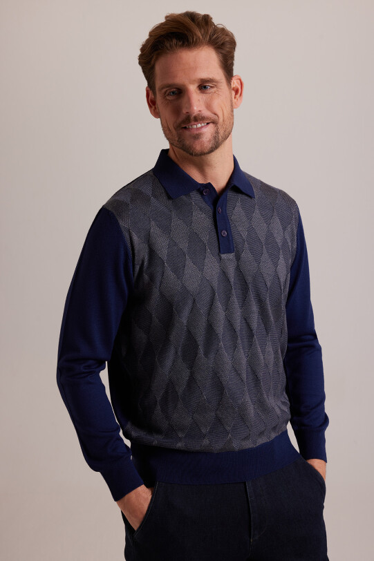 Erkek Lacivert Gri Polo Yaka Baklava Desenli Triko