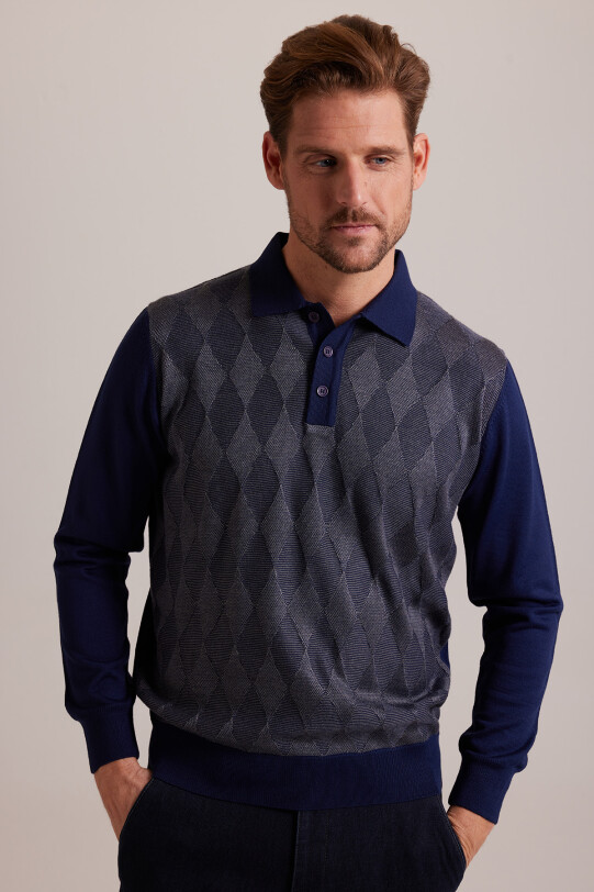 Erkek Lacivert Gri Polo Yaka Baklava Desenli Triko