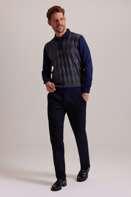 Erkek Lacivert Gri Polo Yaka Baklava Desenli Triko