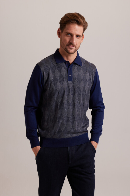 Erkek Lacivert Gri Polo Yaka Baklava Desenli Triko