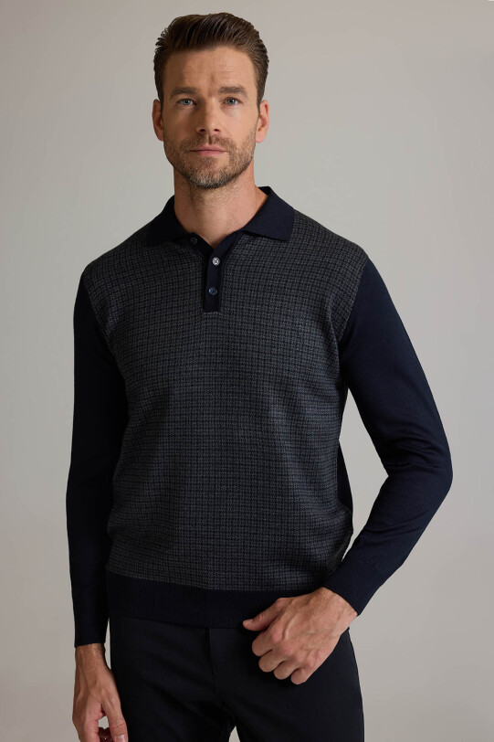 Erkek Lacivert Gri Polo Yaka Desenli Triko