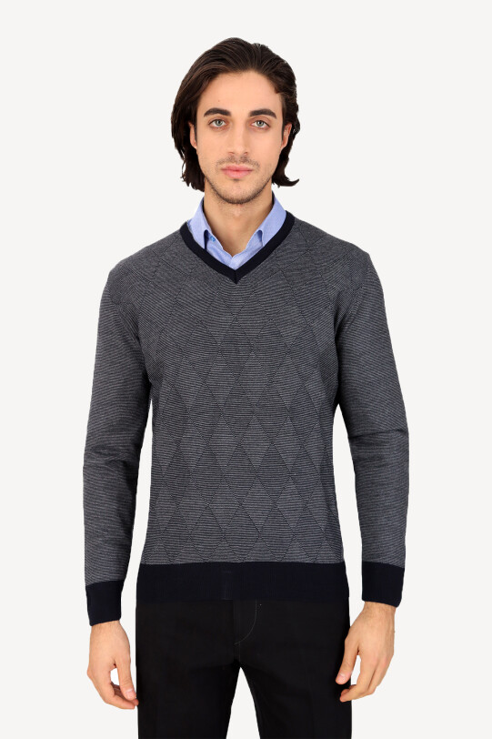 Erkek Lacivert Gri V Yaka Klasik Desenli Triko