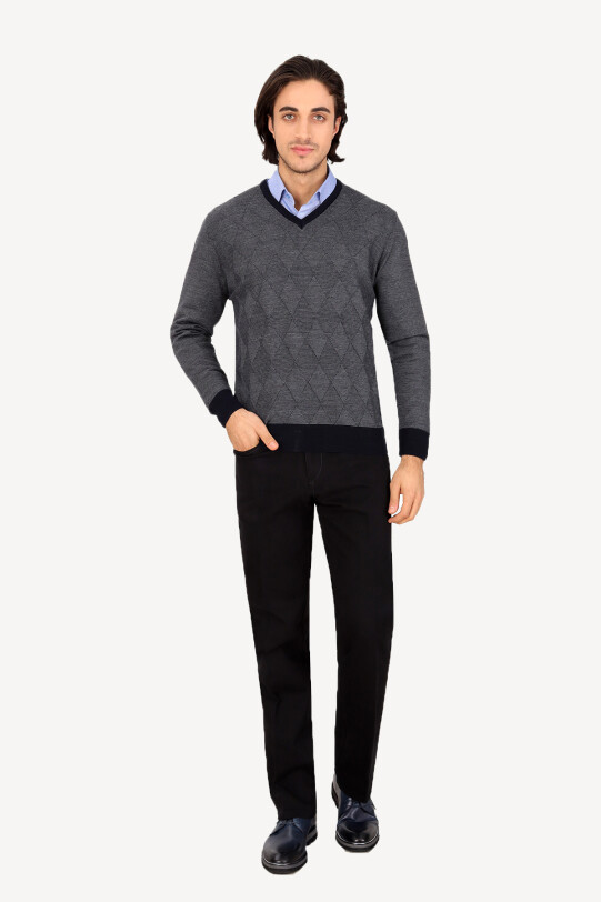 Erkek Lacivert Gri V Yaka Klasik Desenli Triko