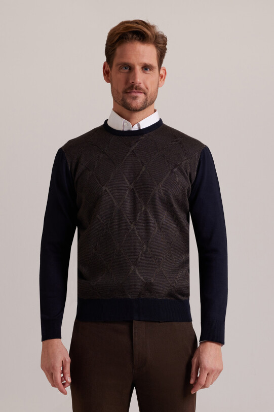 Erkek Lacivert Kahve Baklava Desenli Regular Fit Bisiklet Yaka Triko