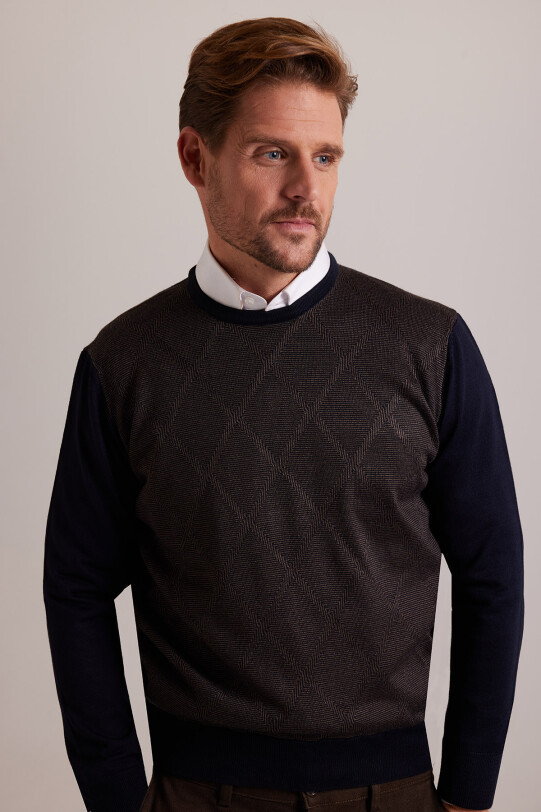 Erkek Lacivert Kahve Baklava Desenli Regular Fit Bisiklet Yaka Triko