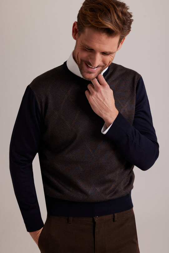 Erkek Lacivert Kahve Baklava Desenli Regular Fit Bisiklet Yaka Triko