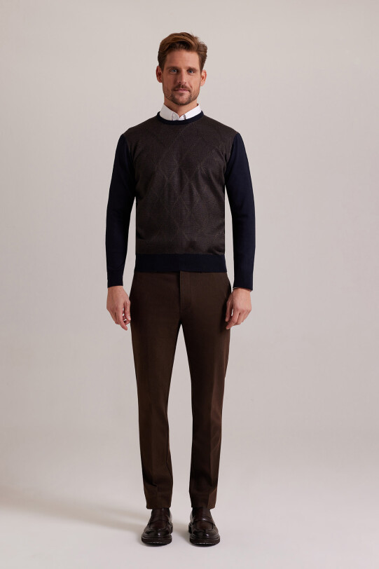 Erkek Lacivert Kahve Baklava Desenli Regular Fit Bisiklet Yaka Triko