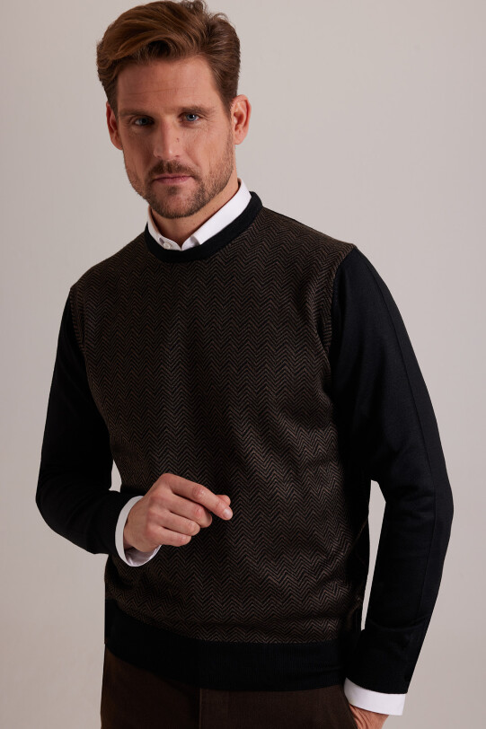 Erkek Lacivert Kahve Bisiklet Yaka Desenli Triko