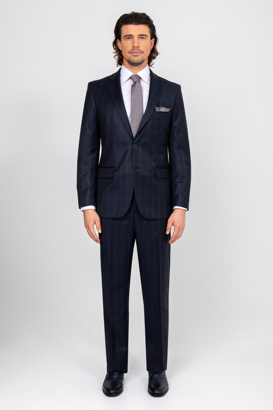 Erkek Lacivert Kahve Kare Desenli Tek Yırtmaç Takım Elbise