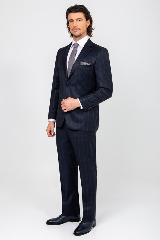 Erkek Lacivert Kahve Kare Desenli Tek Yırtmaç Takım Elbise