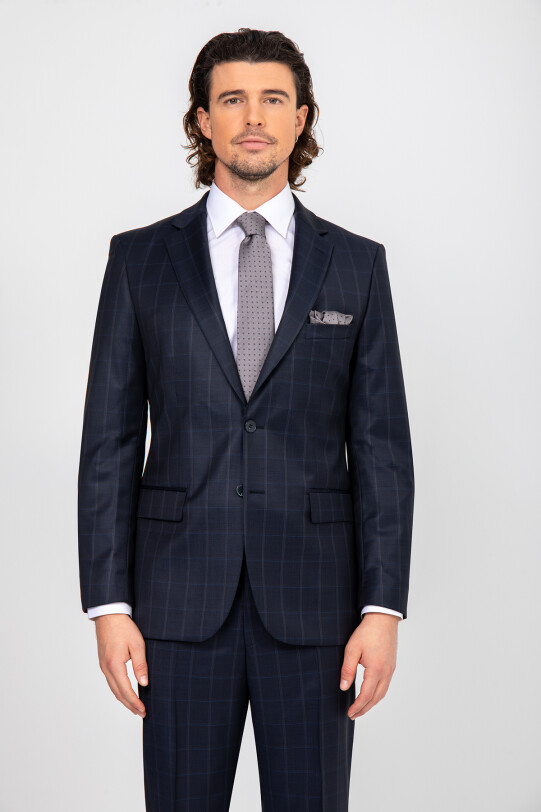 Erkek Lacivert Kahve Kare Desenli Tek Yırtmaç Takım Elbise