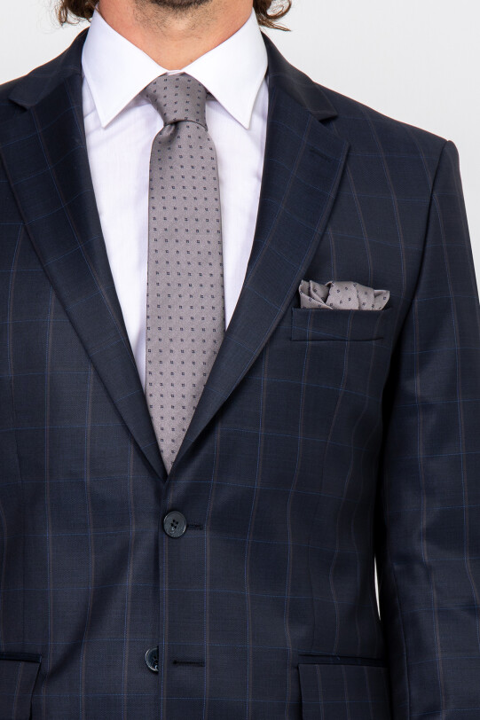 Erkek Lacivert Kahve Kare Desenli Tek Yırtmaç Takım Elbise