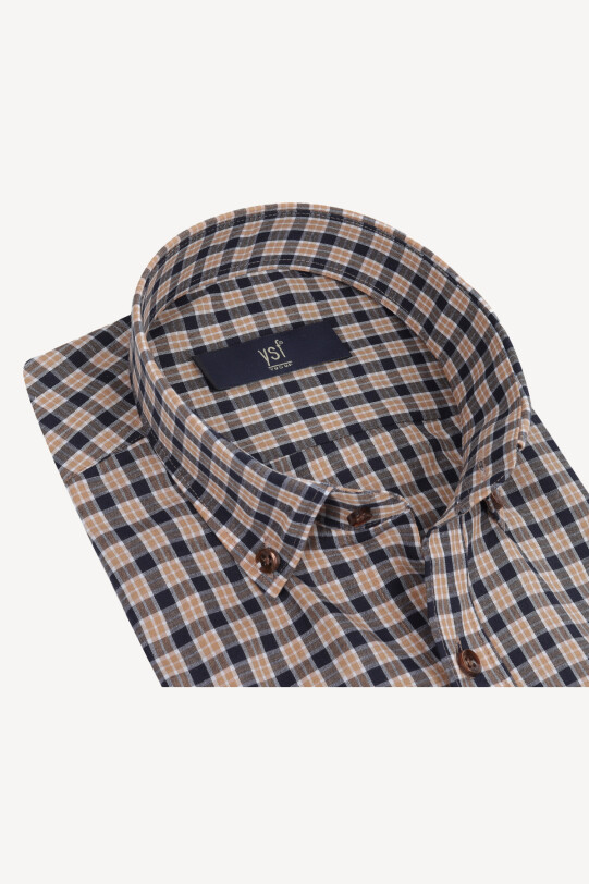 Erkek Lacivert Kahve Kareli Klasik Keten Gömlek