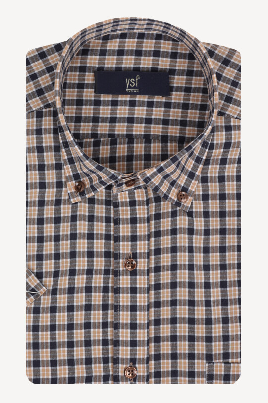 Erkek Lacivert Kahve Kareli Klasik Keten Gömlek