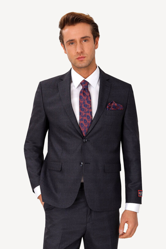Erkek Lacivert Kahve Klasik Ekose Takım Elbise