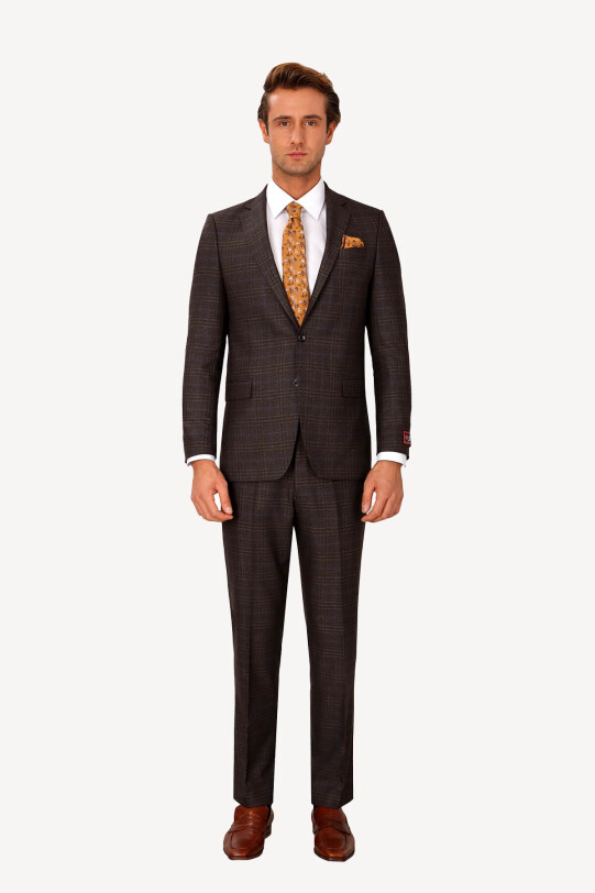 Erkek Lacivert Kahve Klasik Kareli Takım Elbise