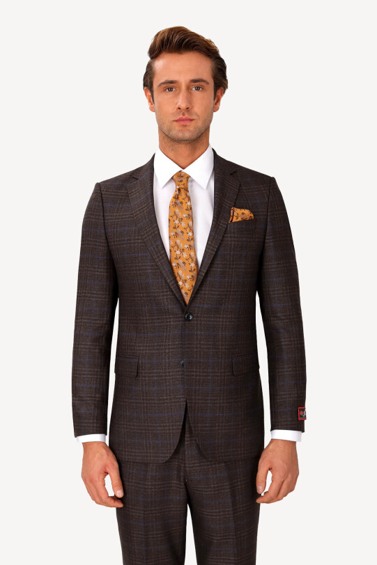 Erkek Lacivert Kahve Klasik Kareli Takım Elbise