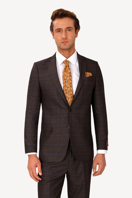 Erkek Lacivert Kahve Klasik Kareli Takım Elbise