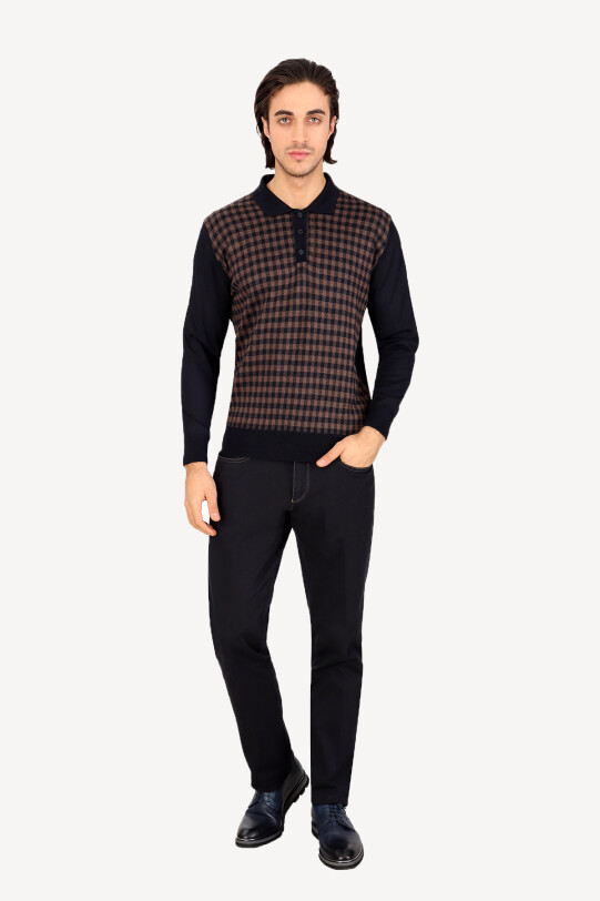 Erkek Lacivert Kahve Polo Yaka Kareli Triko