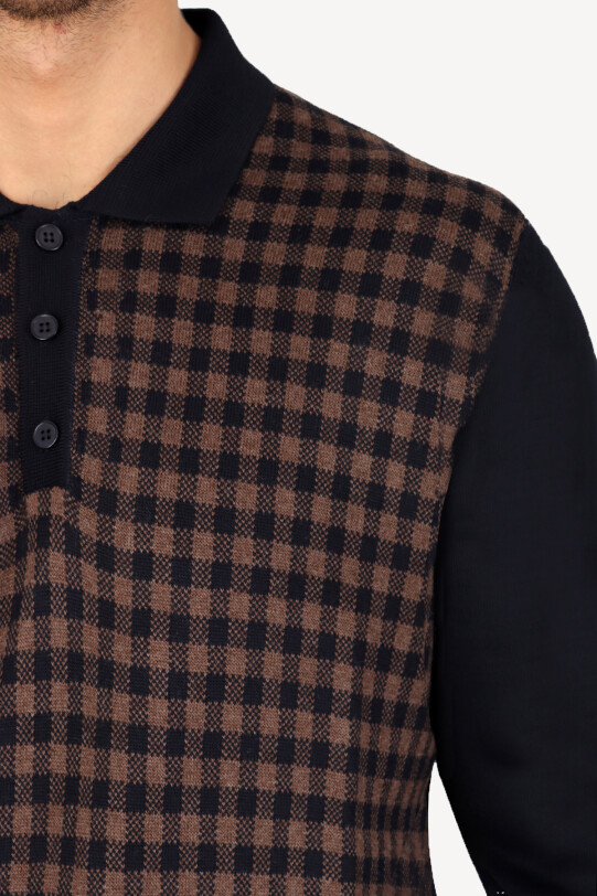 Erkek Lacivert Kahve Polo Yaka Kareli Triko