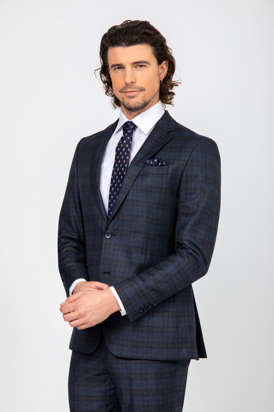 Erkek Lacivert Kahve Regular Fit Kareli Takım Elbise