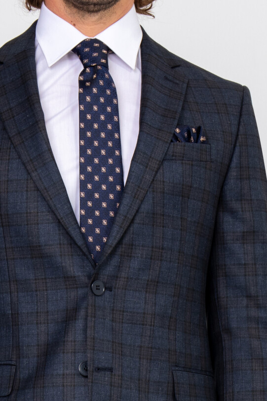 Erkek Lacivert Kahve Regular Fit Kareli Takım Elbise