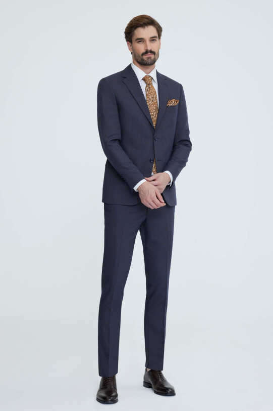 Erkek Lacivert Kahve Slim Fit Yelekli Takım Elbise