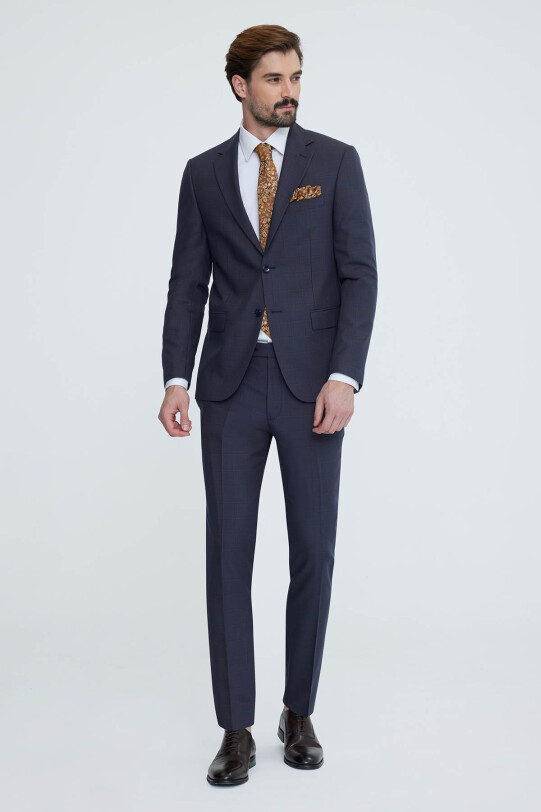 Erkek Lacivert Kahve Slim Fit Yelekli Takım Elbise