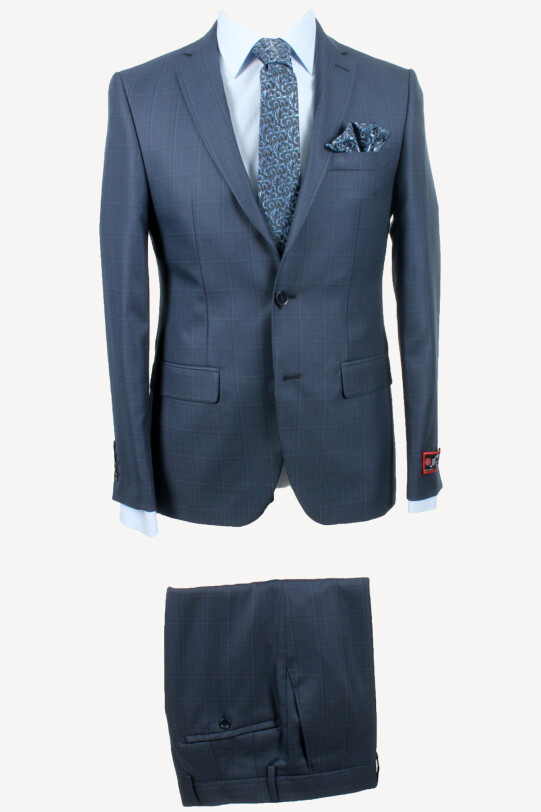 Erkek Lacivert Kareli Slim Fit Ekose Takım Elbise