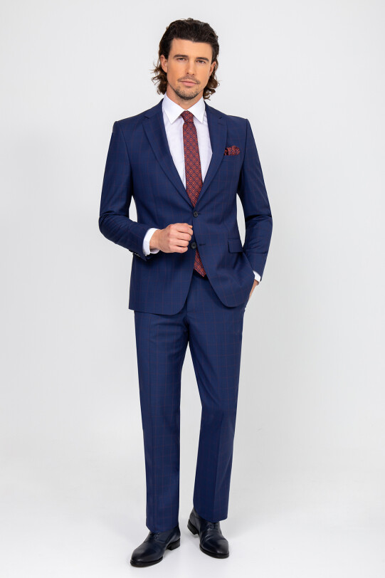 Erkek Lacivert Kareli Takım Elbise