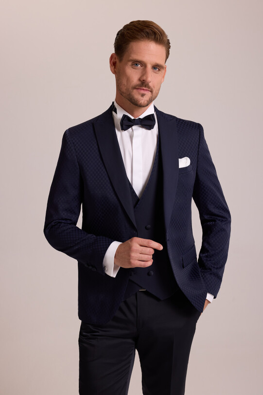 Erkek Lacivert Kırlangıç Yaka Yelekli Desenli Slim Fit Damatlık