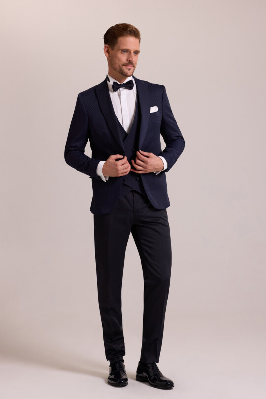 Erkek Lacivert Kırlangıç Yaka Yelekli Desenli Slim Fit Damatlık