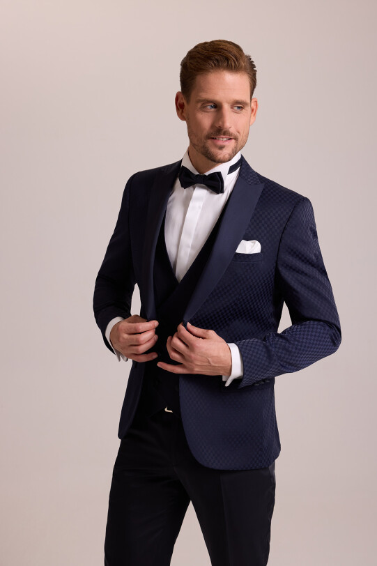 Erkek Lacivert Kırlangıç Yaka Yelekli Desenli Slim Fit Damatlık