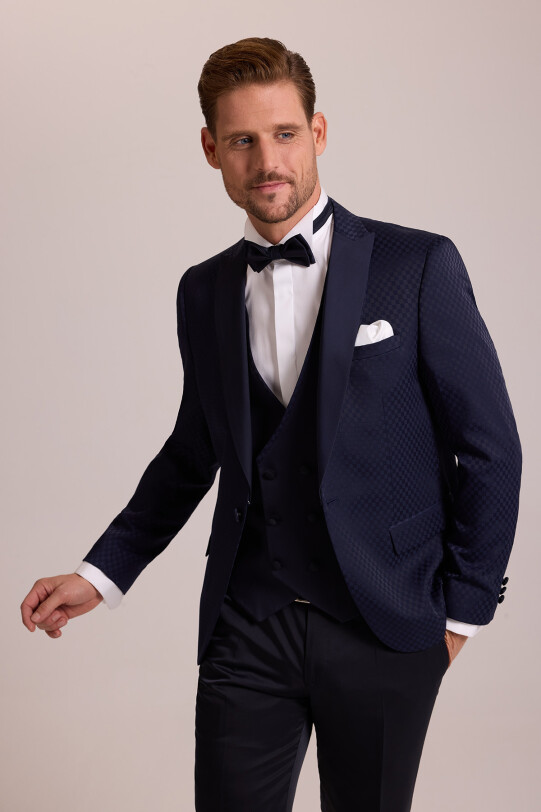 Erkek Lacivert Kırlangıç Yaka Yelekli Desenli Slim Fit Damatlık