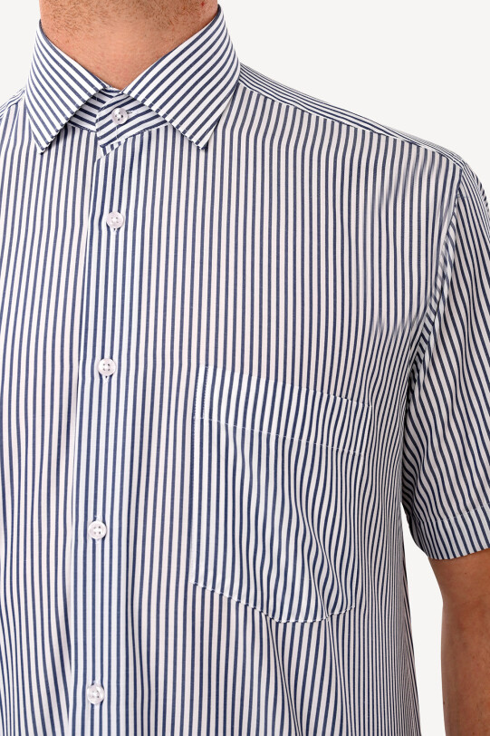 Erkek Lacivert Kısa Kol Regular Fit Çizgili Gömlek