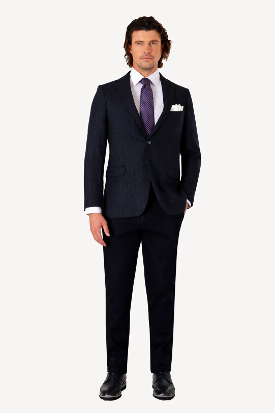 Erkek Lacivert Kışlık Yünlü Regular Fit Desenli Tek Ceket