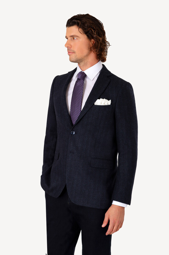 Erkek Lacivert Kışlık Yünlü Regular Fit Desenli Tek Ceket