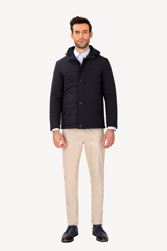 Erkek Lacivert Klasik Kapüşonlu Kaban