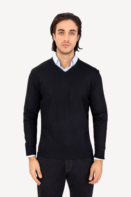 Erkek Lacivert Klasik V Yaka Desenli Triko