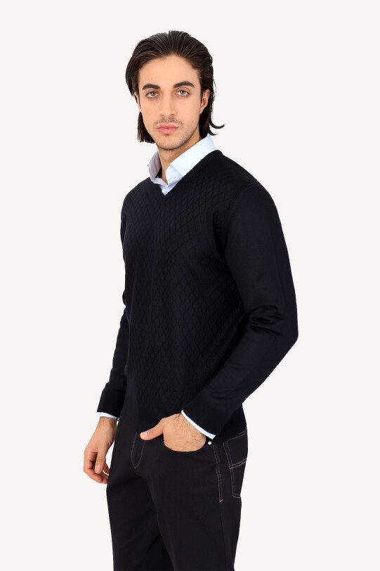 Erkek Lacivert Klasik V Yaka Desenli Triko