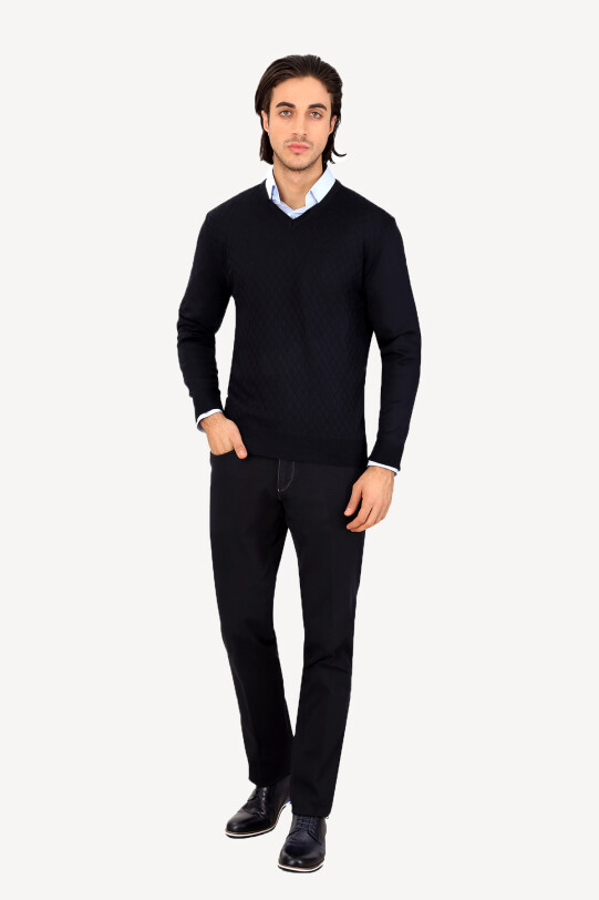 Erkek Lacivert Klasik V Yaka Desenli Triko